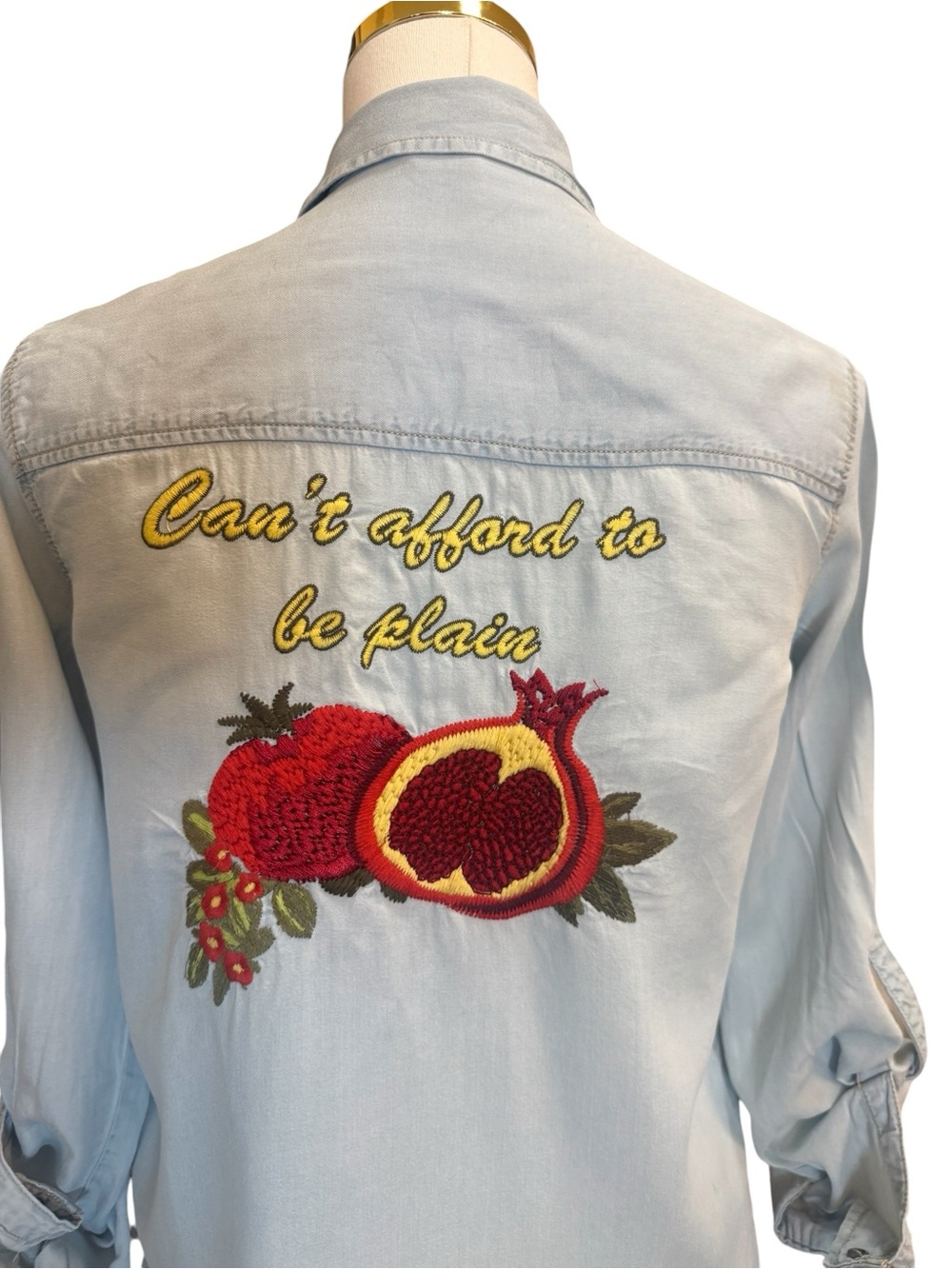 Zara Basic Embroidered Chambray Button Down Shirt XS Pomegranate Boho - Picture 4 of 11